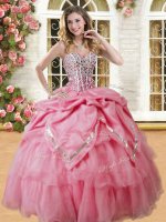 Latest Watermelon Red Quince Ball Gowns Military Ball and Sweet 16 and Quinceanera with Beading and Pick Ups Sweetheart Sleeveless Lace Up