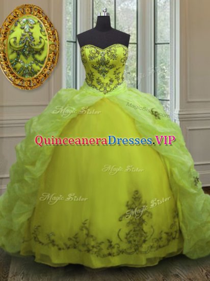 Custom Designed Yellow Green Lace Up Sweetheart Beading and Appliques and Pick Ups Quinceanera Dresses Organza Sleeveless Court Train - Click Image to Close