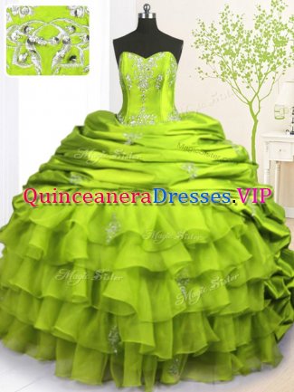 Olive Green Lace Up Quince Ball Gowns Beading and Appliques and Ruffled Layers and Pick Ups Sleeveless With Brush Train