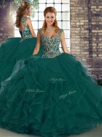 Hot Sale Peacock Green Lace Up Straps Beading and Ruffles Quinceanera Dresses Tulle Sleeveless