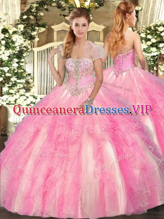 Rose Pink Sleeveless Floor Length Appliques and Ruffles Lace Up 15 Quinceanera Dress