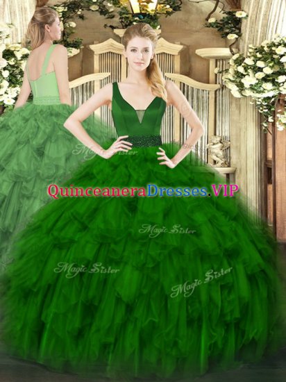 Dynamic Sleeveless Organza Floor Length Zipper Quince Ball Gowns in Dark Green with Beading and Ruffles - Click Image to Close