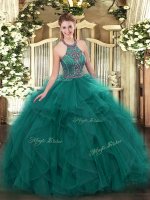 Elegant Halter Top Sleeveless Lace Up Quinceanera Dress Teal Tulle