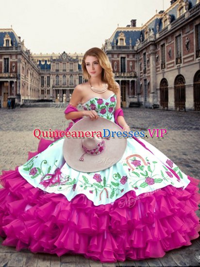 Nice Fuchsia Lace Up 15 Quinceanera Dress Embroidery and Ruffled Layers Sleeveless Floor Length - Click Image to Close