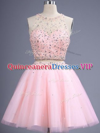 Exceptional Scoop Sleeveless Lace Up Quinceanera Dama Dress Baby Pink Tulle