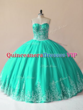 Nice Turquoise Ball Gowns Sweetheart Sleeveless Tulle Floor Length Lace Up Embroidery Quinceanera Dresses