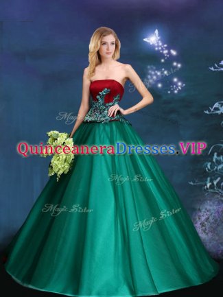 Sleeveless Floor Length Appliques Lace Up Quince Ball Gowns with Dark Green