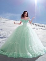 Sophisticated Off The Shoulder Sleeveless 15 Quinceanera Dress Court Train Hand Made Flower Apple Green Tulle(SKU YCQD094-3BIZ)