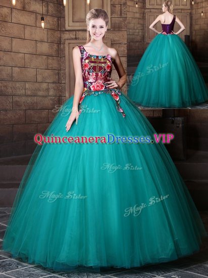 Teal Ball Gowns Tulle One Shoulder Sleeveless Pattern Floor Length Lace Up Quinceanera Dresses - Click Image to Close