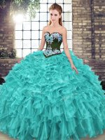 Deluxe Turquoise Sleeveless Organza Sweep Train Lace Up 15th Birthday Dress for Military Ball and Sweet 16 and Quinceanera