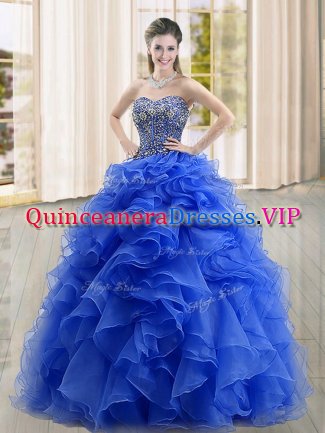 Latest Blue Lace Up Quince Ball Gowns Beading and Ruffles Sleeveless Floor Length