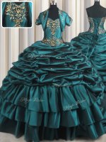 Luxurious Teal Ball Gowns Taffeta Sweetheart Sleeveless Beading and Appliques and Pick Ups With Train Lace Up Quinceanera Dress Brush Train