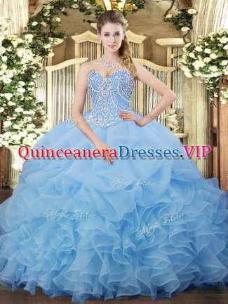 Hot Sale Aqua Blue Lace Up 15th Birthday Dress Beading and Ruffles and Pick Ups Sleeveless Floor Length