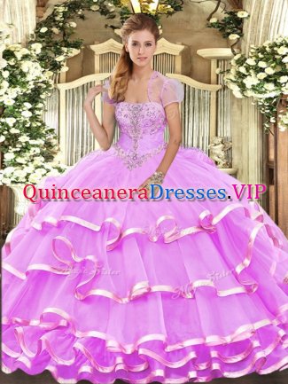 Lilac Lace Up Strapless Appliques and Ruffled Layers 15 Quinceanera Dress Organza Sleeveless