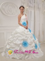 Beautiful One Shoulder Neckline White Flowers Decorate Quinceanera Dress With ruffles In Gilbert AZ　(SKU QDZY455y-1BIZ)