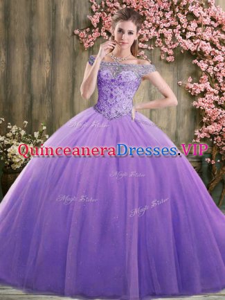 Tulle Off The Shoulder Sleeveless Lace Up Beading Sweet 16 Dress in Lavender