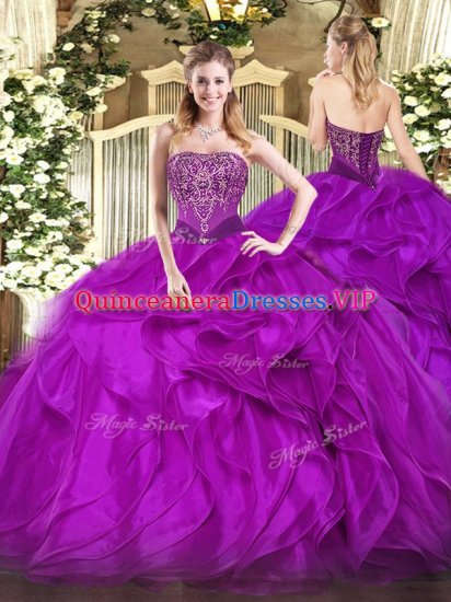 Ball Gowns Sweet 16 Dresses Purple Strapless Organza Sleeveless Floor Length Lace Up - Click Image to Close