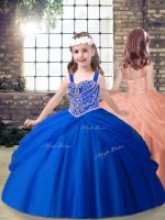 Sleeveless Tulle Floor Length Lace Up Kids Formal Wear in Royal Blue with Beading