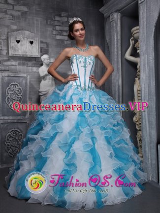 Marble Falls TX Sweetheart Appliques Decorate White and Sky Blue In Waving Tucks Romantic Quinceanera Dresses