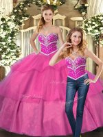 Hot Pink Tulle Lace Up Quinceanera Gown Sleeveless Floor Length Beading