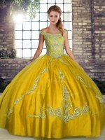 Modern Floor Length Lace Up Sweet 16 Dress Gold for Military Ball and Sweet 16 and Quinceanera with Beading and Embroidery(SKU SJQDDT2103002-2BIZ)