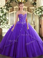 Purple Ball Gowns Tulle Sweetheart Sleeveless Appliques and Embroidery Lace Up Sweet 16 Quinceanera Dress Brush Train(SKU SJQDDT1130002-3BIZ)