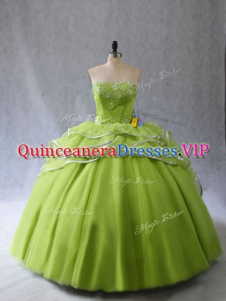 Sweetheart Sleeveless Brush Train Lace Up Quinceanera Gowns Yellow Green Organza and Tulle