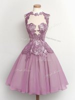 Affordable A-line Quinceanera Court Dresses Lilac High-neck Chiffon Sleeveless Knee Length Lace Up