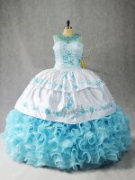 Ball Gowns 15 Quinceanera Dress Baby Blue Scoop Fabric With Rolling Flowers Sleeveless Floor Length Lace Up