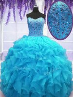 Baby Blue Sleeveless Floor Length Beading and Ruffles Lace Up 15 Quinceanera Dress