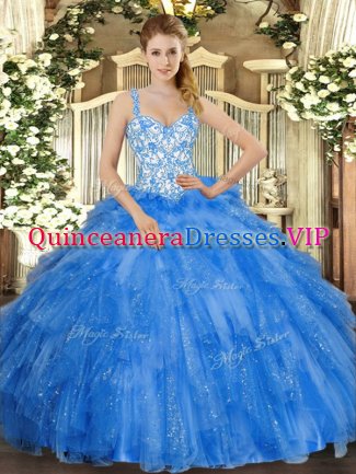 Admirable Blue Straps Neckline Beading and Ruffles Quinceanera Dresses Sleeveless Lace Up