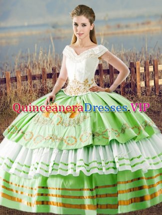 Perfect V-neck Lace Up Embroidery and Ruffled Layers Quinceanera Dresses Sleeveless