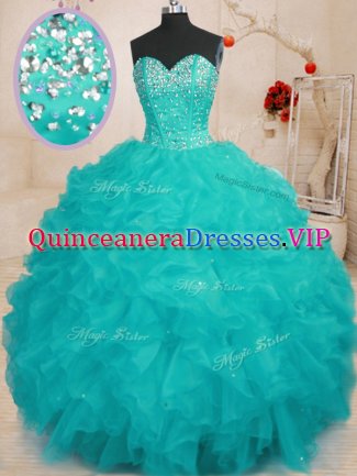 Aqua Blue Sleeveless Floor Length Beading and Ruffles Lace Up Vestidos de Quinceanera