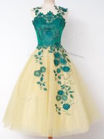 Gold Lace Up Quinceanera Court Dresses Appliques Sleeveless Knee Length