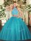 Aqua Blue Tulle Criss Cross Halter Top Sleeveless Floor Length Quinceanera Gown Beading