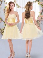 Exquisite Yellow Sleeveless Belt Mini Length Dama Dress for Quinceanera