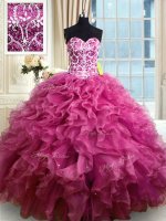 Beading and Ruffles Ball Gown Prom Dress Fuchsia Lace Up Sleeveless Floor Length