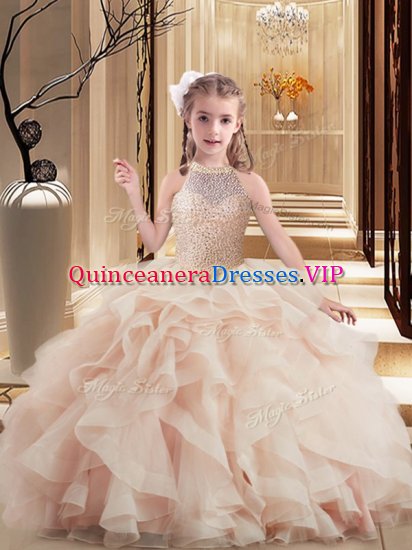 Pink Ball Gowns High-neck Sleeveless Tulle Floor Length Brush Train Lace Up Beading Girls Pageant Dresses - Click Image to Close