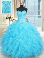 Trendy Ruffled Floor Length Ball Gowns Sleeveless Aqua Blue Sweet 16 Dress Lace Up