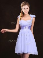 High Class Lavender Chiffon Zipper Straps Sleeveless Mini Length Court Dresses for Sweet 16 Ruching and Bowknot