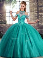 Sleeveless Beading Lace Up Quinceanera Gown with Turquoise Brush Train