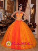 Esperanza Dominican Republic V-neck With Spaghetti straps Taffeta and Tulle Orange Red Fantastic Quinceanera Dresses(SKU QDZY714y-2BIZ)