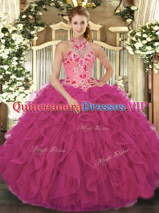 Sophisticated Hot Pink Organza Lace Up Halter Top Sleeveless Floor Length Vestidos de Quinceanera Beading and Embroidery and Ruffles