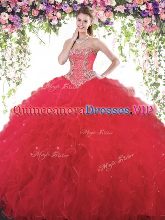 Discount Floor Length Lace Up Quinceanera Gowns Red for Military Ball and Sweet 16 and Quinceanera with Beading