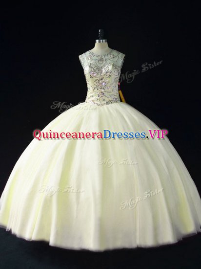 Light Yellow Tulle Lace Up Scoop Sleeveless Floor Length 15 Quinceanera Dress Beading - Click Image to Close