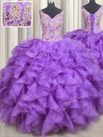 Purple Ball Gowns Sweetheart Sleeveless Organza Floor Length Lace Up Beading and Appliques and Ruffles Sweet 16 Quinceanera Dress