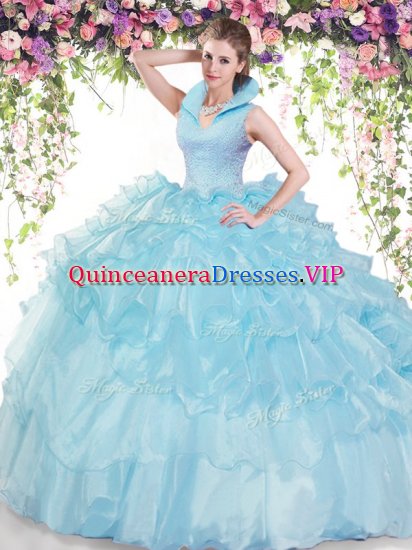 Most Popular Ruffled Floor Length Baby Blue Quinceanera Dress High-neck Sleeveless Backless - Click Image to Close