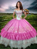 Rose Pink Lace Up Off The Shoulder Beading and Embroidery and Ruffled Layers Sweet 16 Quinceanera Dress Taffeta Sleeveless