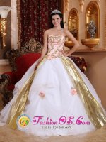 Strapless Falkirk Falkirk White and Pink Beading and Appliques Quinceanera Gowns With Hand Made Flowers Organza(SKU QDZY427y-1BIZ)