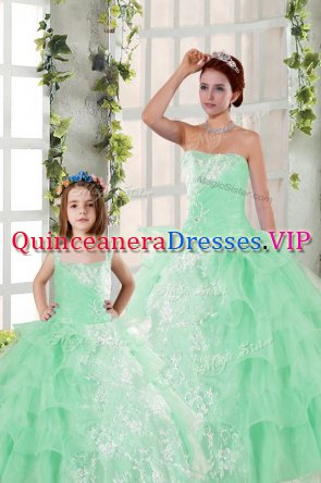 Beautiful Ruffled Floor Length Apple Green Quinceanera Gowns Strapless Sleeveless Lace Up